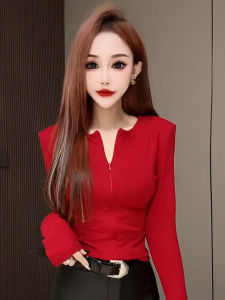 Spring 2025 New Style Christmas New Year Red Long Sleeve Slim Fit Zipper Design Fashionable Base Shirt Womens Casual Top