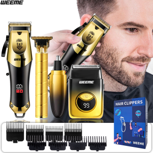 Wireless USB 4PCS Mens Hair Clipper Set & Nose Trimmer Rechargeable Lithium Battery Haircut Kit Ideal Gift for Him Golden Gradi