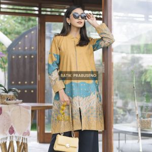 BAJU ATASAN TUNIK  BATIK WANITA PRABUSENO  MOTIF GAVIN  KUNING KWALITAS  PREMIUM ZIPPER DEPAN LAPIS PURING