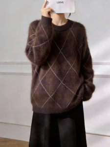 QINGNAER | Round Neck Soft Chunky Color Blocking Retro Sweater Large Size