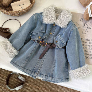 Girls Thick Demin Coats Winter Plus Velvet Warm Outerwear With Belt Kids Padded Fleece Lined Long Jackets Children Clothes 2-8Y