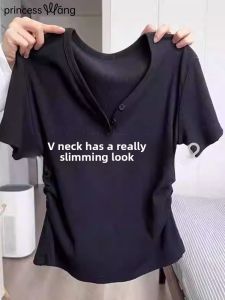 WANGGONGZHU | Princess Style Korean Straight Cut Short Sleeve T-Shirt Womens Summer Slim Fit V-Neck Top Fashionable Plus Size Cover Belly