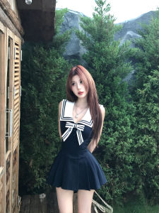 Mejiu Honey Nine Sailor Sweet Rhythm Womens Summer Design Sensation Waist-Cinching Sleeveless School Dress Butterfly Knot High Waist Polyester Blend