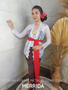 SudanBali Setelan Kebaya Brokat Semifrance Metalic Merrida dan Rok Plisket Batik Endek Free Selendang Pengantin Pesta Wisuda Modern