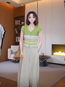 YUEZHONGWEI | Contrast Stripes V-Neck Scallop Ice Silk Knit Cardigan Women Short Style 2026 Summer New Slim Fitting