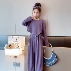 Long Sleeves Terno for Kids Girls Autumn Set Top+Pants Fashion Korean Version Loose Purple/Grey 130-160cm