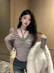 GUZILIAN | เสื้อคอวีผ้าลูกไม้สไตล์เกาหลีสำหรับผู้หญิง ฤดูใบไม้ร่วง/ฤดูหนาว เสื้อชั้นในทรงเข้ารูป กระดุมเพชร ตัดเย็บแบบผสมผสาน