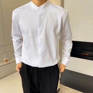 Stand collar hidden buckle long sleeve business plain shirt