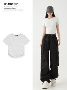 Premium Feel Pure Cotton Grey Arc Bottom Short T-Shirt Women Short Sleeve Waist Cinched Slim Fit Top Summer Fashion Trend