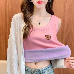 เสื้อกล้ามกันหนาวบุขนทั้งชิ้นสไตล์เกาหลีแบบใหม่ชุดนอนผู้หญิงเสื้อตัวในใส่ด้านนอกกันหนาวผ้ายืดใส่ช่วงฤดูใบไม้ร่วงและฤดูหนาว