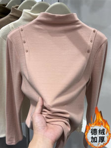 เสื้อซับในสตรีบุขนกำมะหยี่สองด้านเสื้อยืดแขนยาวให้ความอบอุ่นขนขัดเข้าได้กับหลากหลายชุดสไตล์ตะวันตกใส่ด้านในคอสูงปานกลางฤดูหนาวฤดูใบไม้ร่วงเพิ่มความหนา