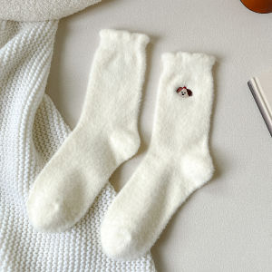 Autumn Winter Thickened Warm Womens Mid-Calf Socks Cute Cartoon Embroidery Australian Fleece Soft White Cotton Socks