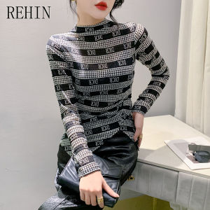 REHIN เสื้อยืดแขนยาวเสื้อยืดแขนยาวฟิตเนสสวมหัวสไตล์ใหม่ฤดูใบไม้ร่วงเสื้อเบลาส์สำหรับผู้หญิงใส่ไปทำงานมีตัวอักษรพอดีบางลายฐาน