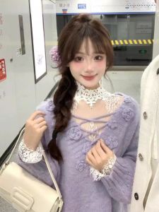 Loose Christmas Sweater Womens Autumn Winter V-neck Shoulder-baring 3D Flower French Style Fashionable Top Purple