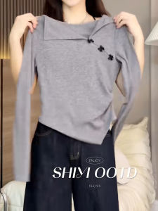 เสื้อยืดแขนยาวทรงสลิมฟิตสำหรับผู้หญิง สีเทา ฤดูใบไม้ร่วง 2025 เสื้อแฟชั่นสตรีทสไตล์ใหม่ สีสันสดใส คอกลม เสื้อตัวบน