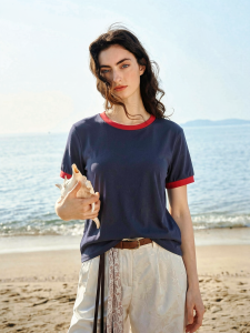 Basic House | White Cotton Short Sleeve T-shirt Summer Color Block Round Neck