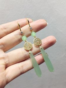 Fresh New Chinese Ethnic Style round Green Drop Long Strip Earrings Stereo Fresh Air Fashion Jewelry Hooks Alloy for Women