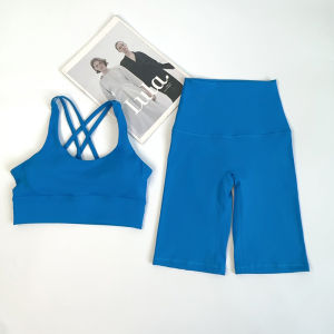 2 ชิ้นกางเกงขาสั้นโยคะชุดกีฬาผู้หญิงชุดออกกําลังกายข้ามกลับ Bra เอวสูงกางเกงขาสั้นวิ่งออกกําลังกายเสื้อผ้า ...
