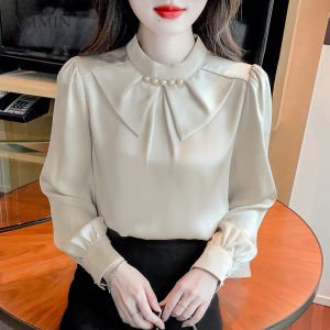 Ammin 2023 mùa thu mới đơn giản đứng cổ áo thời trang tinh tế Ngọc Trai nạm đính cườm tay áo dài đi lại Áo voan nữ phong cách Hàn Quốc trí tuệ OL Áo Blouse thanh lịch
