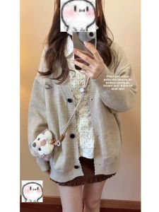 YUEZHONGWEI | Korean Style Spring Early College Fashion Wool Sweater Cardigan and Polka Dot Shirt Set