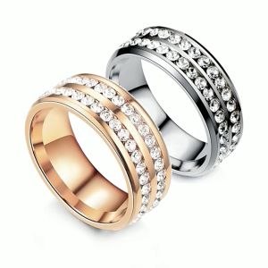 European and American titanium steel set diamond ring for men and women Korean double row diamond zircon jewelry Stainless steel student single tail ring jewelry