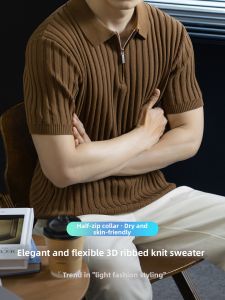 PERDONTOO | Luxurious Stylish Stereoscopic Stripes Mens Short Sleeve Knitwear Comfortable and Cool