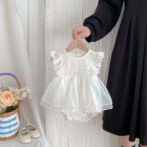 ชุดรอมเปอร์เด็ก เสื้อผ้าเด็กสไตล์เกาหลีฤดูร้อน ชุดรอมเปอร์ลูกไม้เจ้าหญิงแสนหวานสำหรับวันเกิดครบรอบ 1 ขวบ