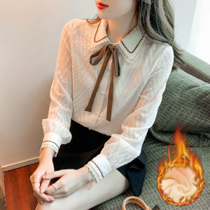 เสื้อเชิ้ตผู้หญิงสไตล์ยุโรป ทรงหลวม แขนยาว ปกโปโล ปักลูกไม้ เสื้อเชิ้ตแฟชั่นฤดูใบไม้ผลิและฤดูใบไม้ร่วง