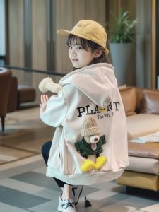 Cute Bear Cartoon Hooded Baseball Jacket for Little Girls Spring Autumn Fashionable Cardigan Top with Hat Girls Outwear