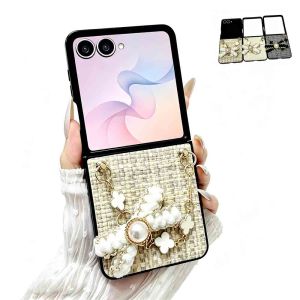 Luxury Tweed Fabric Phone Case for Samsung Galaxy Z Flip 8/7/6 Elegant 3D Bow Pearl Four‑Leaf Clover Chain Wrist Strap Hard Protective Cover for Women Girls