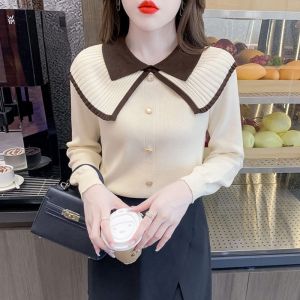 Elegant Long Sleeve Knitted Sweater Womens Base Shirt Spring 2025 New Style Chic Polka Dot Pattern Commute Style Regular Length