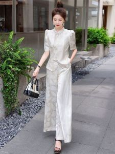 New Chinese Style National Trend Improved Cheongsam Set Womens Wide Leg Pants High Quality Luxury Sensation Summer Collection