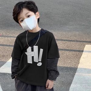 Trendy Cartoon Stripe Boys T-shirt Pure Cotton Long Sleeve round Neck Spring Autumn Base Layer Shirt Casual Loose Fit Kids Top