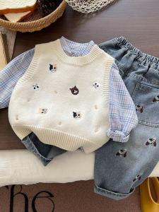 New 2025 Mens Autumn Fashion Sweater Vest Three-piece Set Casual Baby Shirt Jeans Rabbit Fur Long Sleeve Leisure Suit