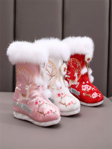 Princess Style Embroidered Fleece Lined Hanfu Shoes for Girls Childrens Traditional Chinese Costume Footwear Cotton Boots