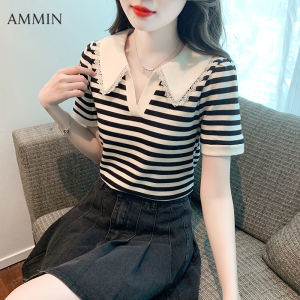 AMMIN new summer simple embroidery crocheted lace patchwork lapel short sleeve cotton T-shirt womens Korean style classic black and white striped print casual elegant blouse