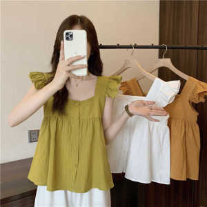 French Style Square Collar Sleeveless Doll Shirt Womens Summer New Design Sweet Lace Trimmed Short Length Pure Color Top