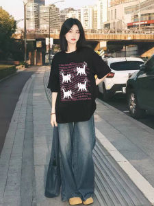 เสื้อยืดคอกลมแขนสั้นผ้าฝ้ายสำหรับผู้หญิง สไตล์อเมริกัน ลายแมว ทรงหลวม ทรงเข้ารูป สวมใส่สบาย เสื้อผ้าทำงานสไตล์เกาหลี