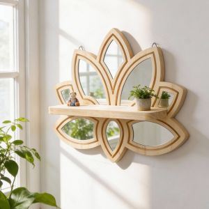 1pcs Hollow Petal Mirror Wooden Lotus Wall Floating Shelf Style Healing Decor Hanging Rack For Bedroom Mini Flower Pot Ornaments