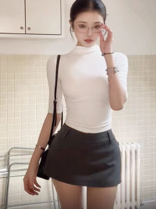 Elegant White Half High Collar T-Shirt Womens Slim Fit Short Sleeve Base Shirt Commute Style Korean Version Inner Wear