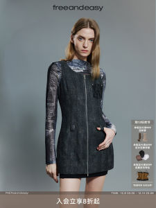 Faetureless แขนกุด เดนิม เดรส พร้อมแพทช์ กระเป๋าเสื้อ ถอดสร้าง ดีไซน์ ผ้าฝ้าย โพลีเอสเตอร์ เส้นใยเซลลูโลสที่สร้างใหม่ ซิป ปิด กระโปรงทรงเอ