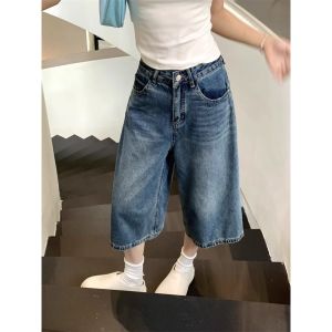 Loose High Waist Blue Denim Shorts American Style Casual Pants for Women Seven-Foot Length Summer New Arrival