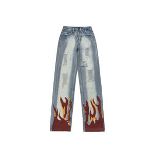 Jeans Wanita Celana Panjang Longgar Sablon Api Lubang