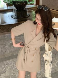 Loose Womens Short Sleeve Shirt Vintage Waist-Cinching Utility Jumpsuit Korean Style Summer New Arrival Wide Leg Pants