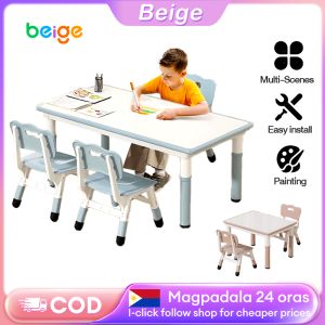 Beige Study kids table Height-Adjustable Ergonomic Rectangular Desk with Chair Suitable for Home Graffiti Desktop