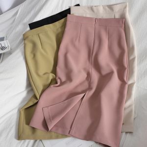 IELGY womens korean style all match skirt solid color high waist back slit