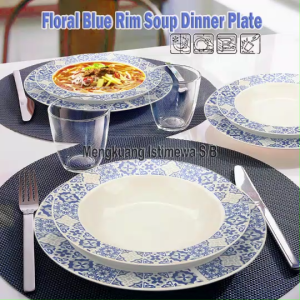 18 PC Dinnerware Set – Service for 6 Plate 6 side plate & 6 soup plate Blue Floral & Fauna Rim Design LZ31844
