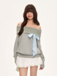 Weekend hub | Áo Sweater Knit Xám Dạng Quàng Vai Nơ