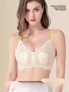 miiow | Front Zipper Lace Back Bra Womens Small Chest Illusion Gathered Anti-Sagging Side Breast Reduction Wire-Free Nylon Cup V-neck