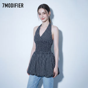 7.Modifier | Áo Vest Dập Ly Phối Nơ Cổ Halter Caro Dài Trung Bình